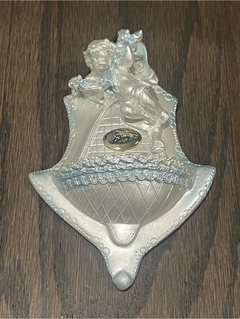 Vintage Silver Cherubs Angels Holy Water Wall Font Plaque Resin Religious Decor